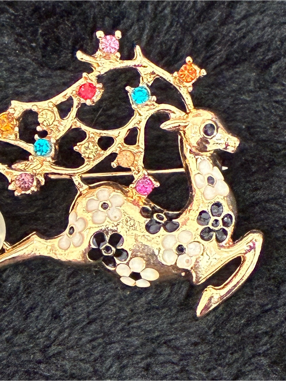 Unk Gold-Tone Floral Deer Brooch with Multicolored Crystal Accents